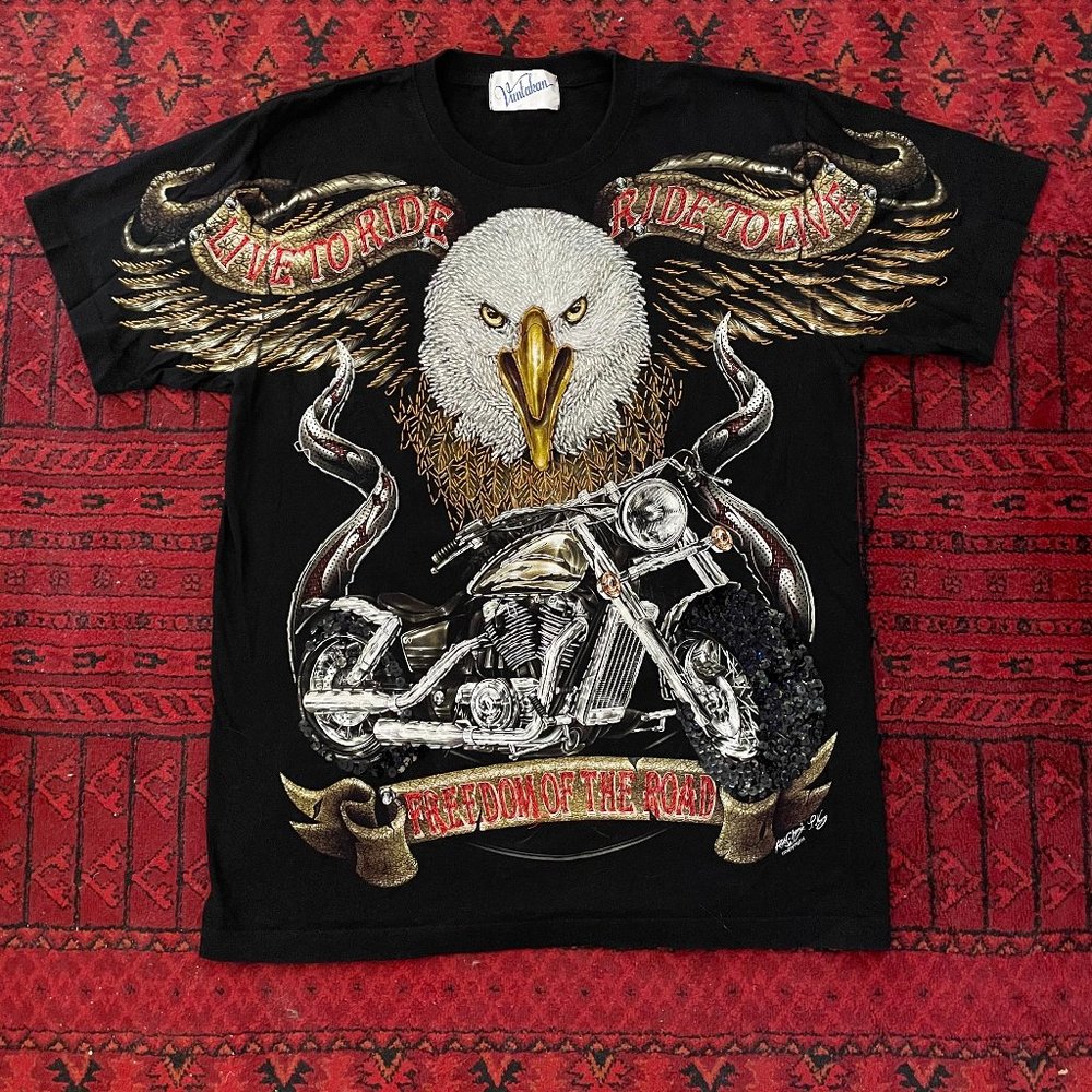 Vintage Beaded Bald Eagle Motorcycle T-Shirt